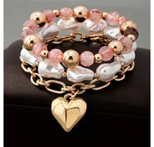 Multi Layer Mixed Pearl Bead Heart Charm Bracelet | 80B1549 - Pink