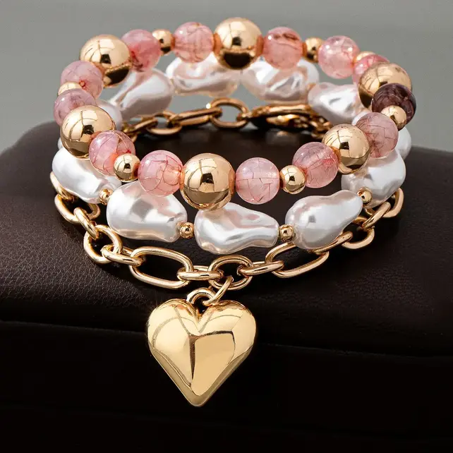 Multi Layer Mixed Pearl Bead Heart Charm Bracelet | 80B1549 - Pink