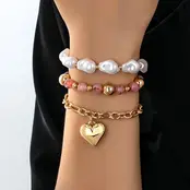 Multi Layer Mixed Pearl Bead Heart Charm Bracelet | 80B1549 - Pink