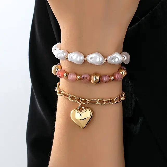Multi Layer Mixed Pearl Bead Heart Charm Bracelet | 80B1549 - Pink