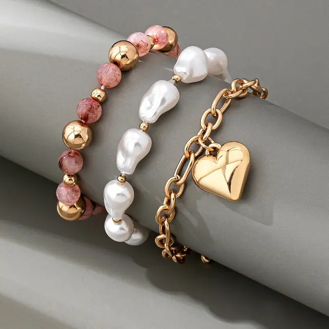 Multi Layer Mixed Pearl Bead Heart Charm Bracelet | 80B1549 - Pink