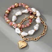 Multi Layer Mixed Pearl Bead Heart Charm Bracelet | 80B1549 - Pink
