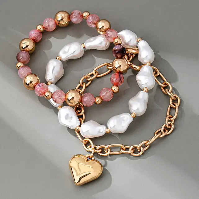 Multi Layer Mixed Pearl Bead Heart Charm Bracelet | 80B1549 - Pink
