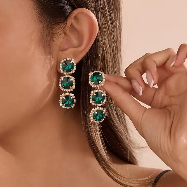 Triple-Drop Layer Rhinestone Earrings | 40E530 - Emerald