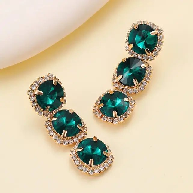 Triple-Drop Layer Rhinestone Earrings | 40E530 - Emerald