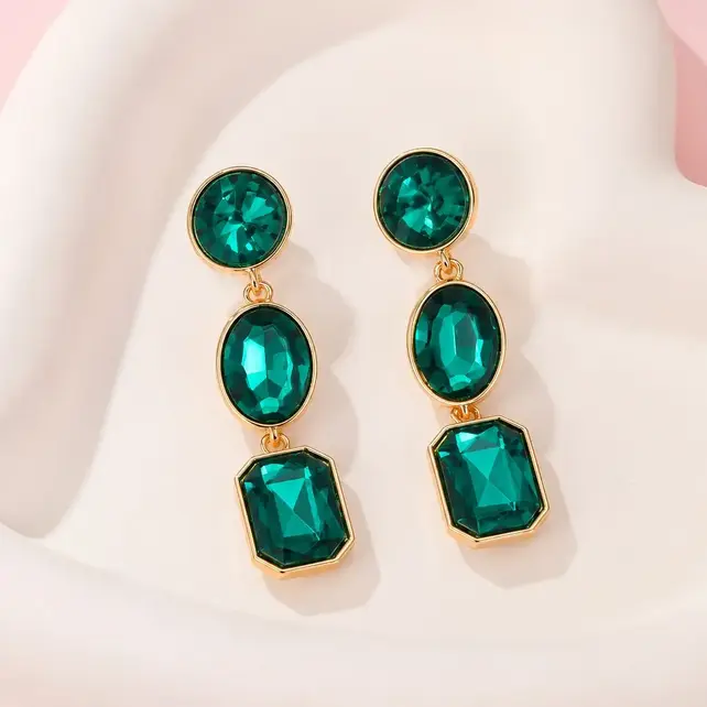 Triple-Drop Layer Rhinestone Earrings|40E526 - Emerald