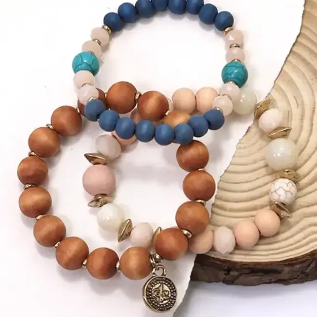 3 Row Color Wood Natural Bead Stretch Bracelet | 10B3010605