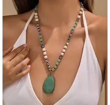 Natural Stone Teardrop Pendant Beaded Long Necklace|40NK9773