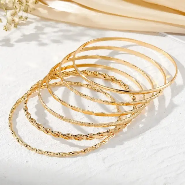 Gold Layered Bangle Set - Mixed Texture Stack | 40B5238