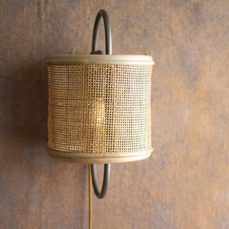 Round Rattan and Iron Wall Sconce