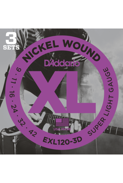 D'Addario EXL120-3D Nickel Wound Electric Guitar Strings, Super Light, 09-42, 3 Sets