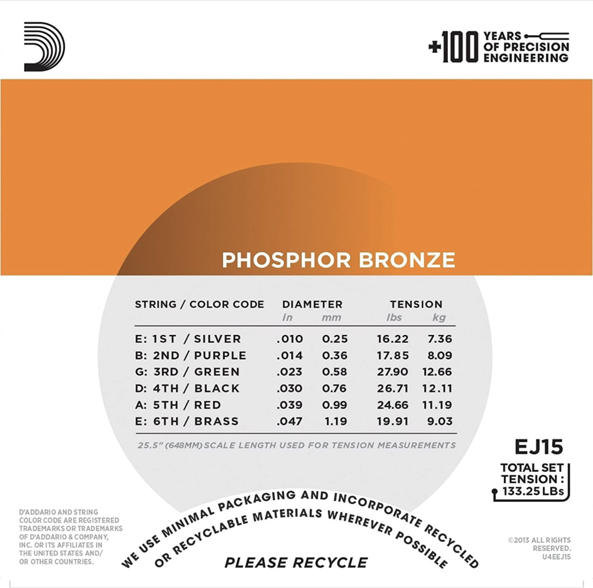 EJ15 Phosphor Bronze Acoustic Guitar Strings, Extra Light, 10-47-3