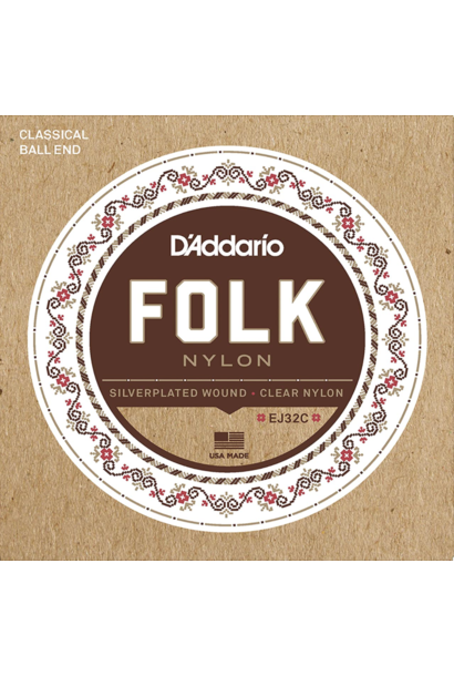 D'Addario EJ32C Folk Nylon Guitar Strings, Ball End, Silver Wound/Clear Nylon