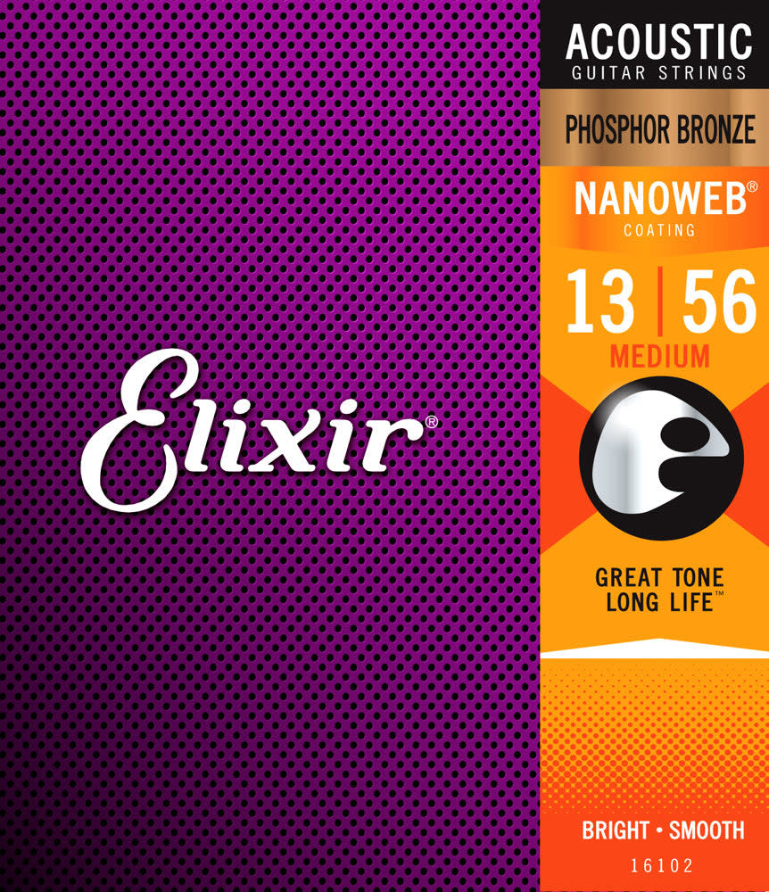 Elixir 16102 Nanoweb Phos/Bro Medium Acoustic Guitar Strings (13-56)-1