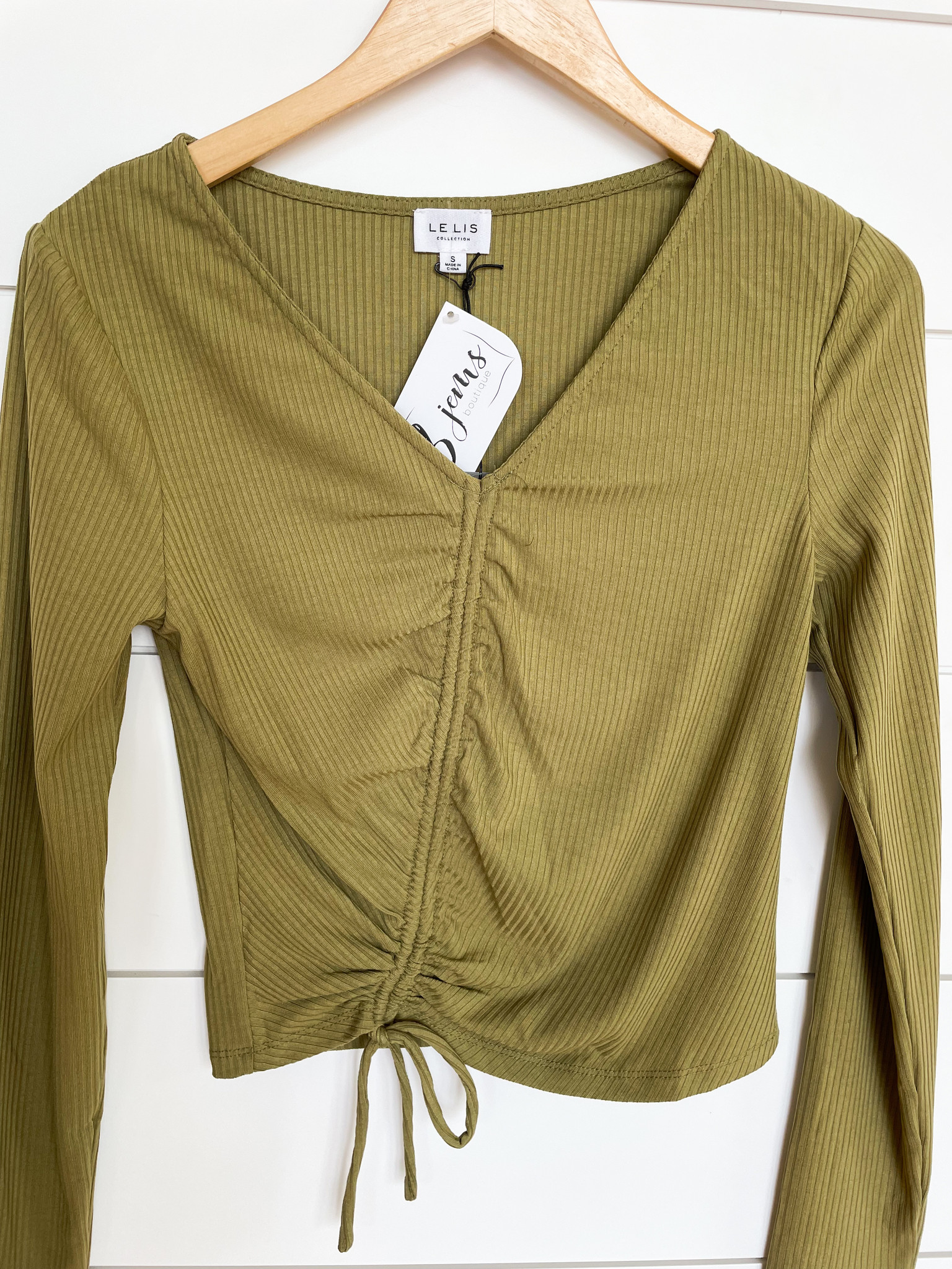 Green Long Sleeve Front Ruching Top