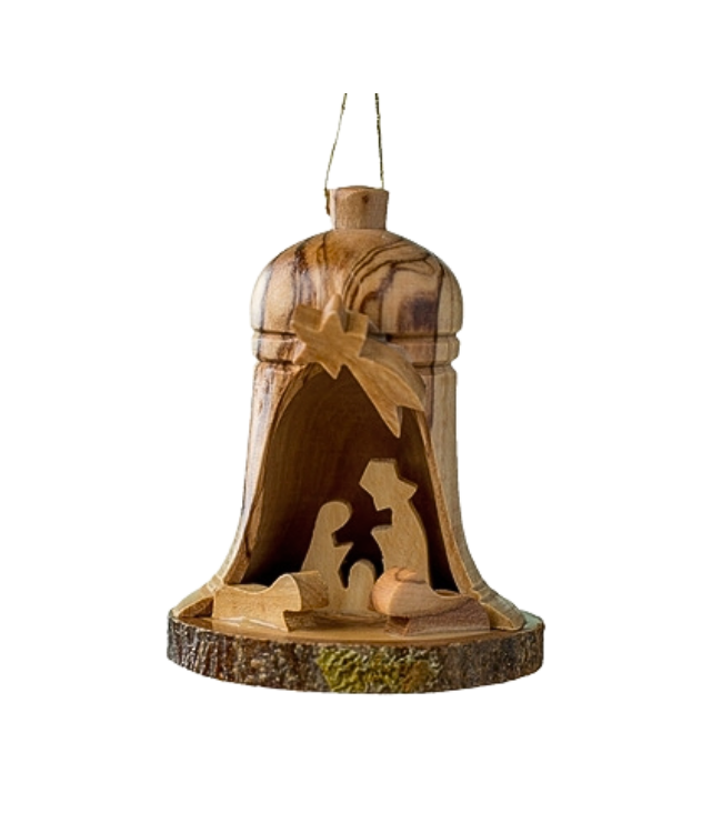 Small Bell Nativity with Bark Base Ornament  2.5"