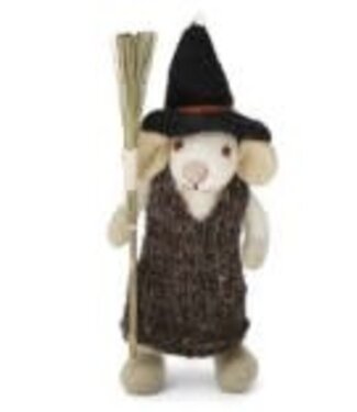 Felt Small White Girly Mouse w/Broom and Brown Dress