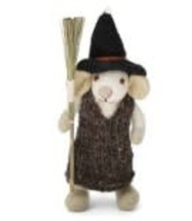 Felt Small White Girly Mouse w/Broom and Brown Dress