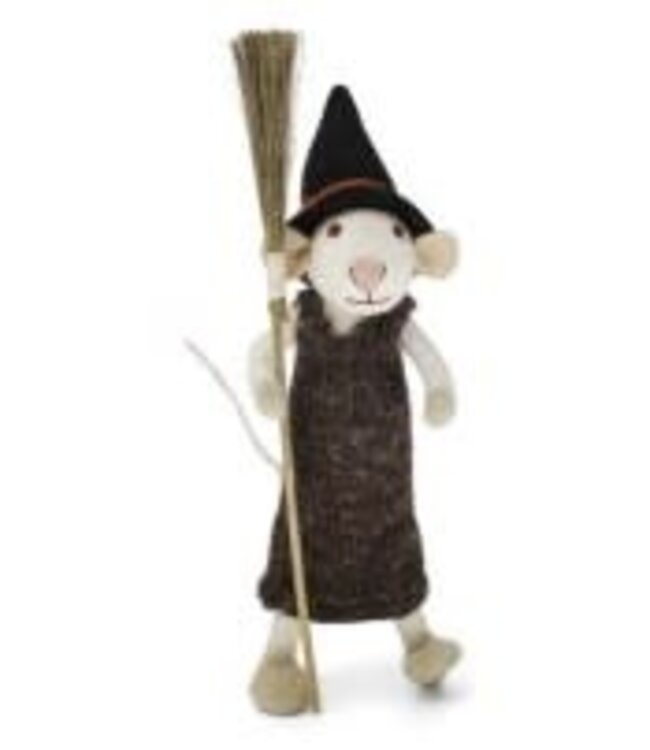 Felt Large White Girly Mouse w/Broom and Brown Dress