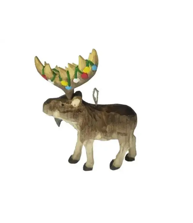 Hand Carved Wood Moose  with Lights Ornament