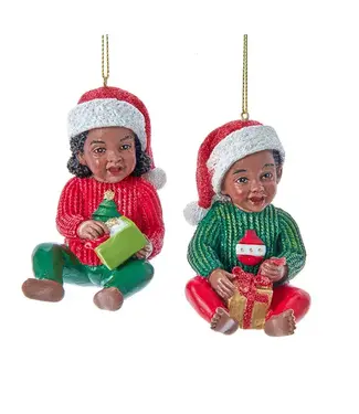 Kurt S. Adler African American  Boy and Girl In Christmas Outfits