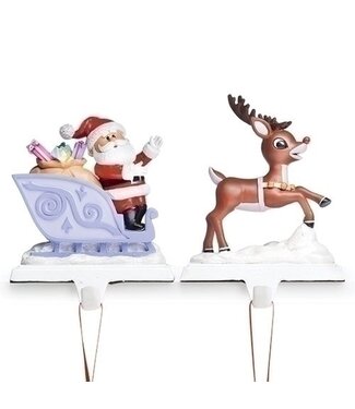 7.5"H 2PC ST RUDOLPH STOCKING HOLDER WITH SANTA AND SLEIGH