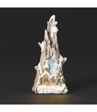 10"H LIGHTED CARVED LOG CHURCH SCENE; BATTERY INCLUDED