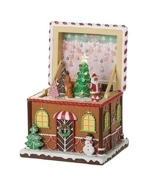 6.2"H MUSICAL LIGHTED BOX, LID GINGERBREAD; ROTATING; PORT