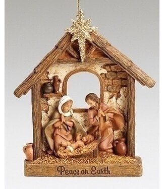 Fontanini 4.5"H HOLY FAMILY ORNAMENT STABLE; VERSE: PEACE ON EARTH