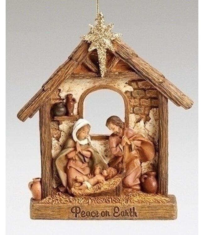 4.5"H HOLY FAMILY ORNAMENT STABLE; VERSE: PEACE ON EARTH