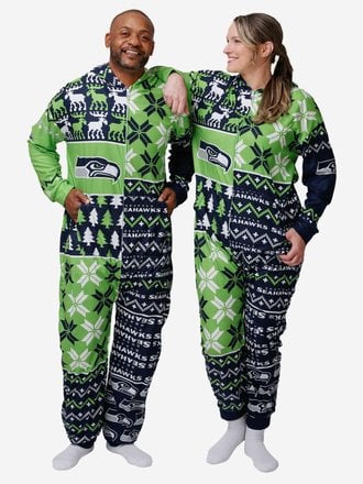 FOCO Seattle Seahawks NFL Ugly Pattern One Piece Pajamas - L