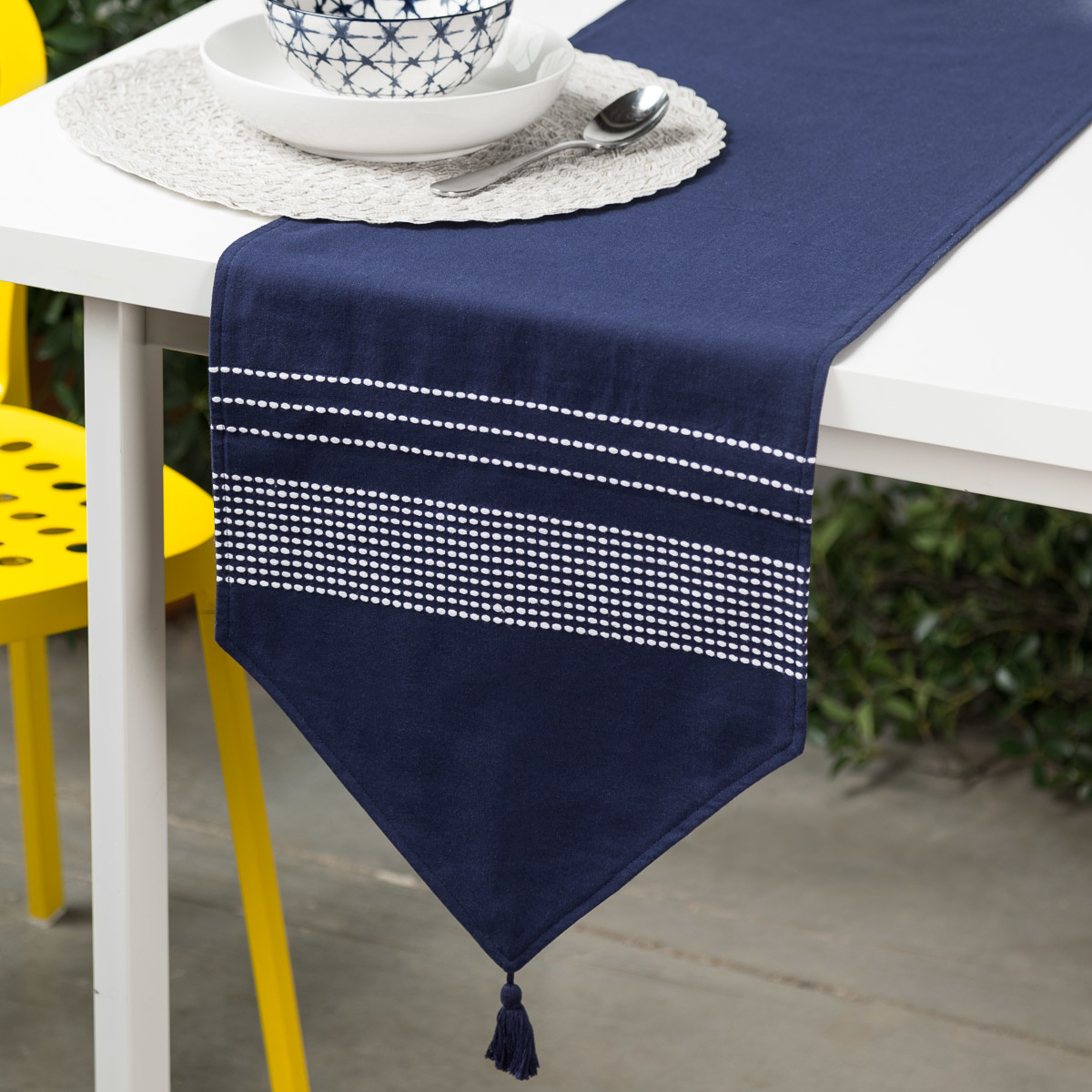 Navy Blue Pompom Table Runner With White Stripes
