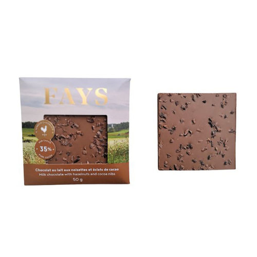 Fays milk chocolate bar with hazelnuts and cocoa nibs