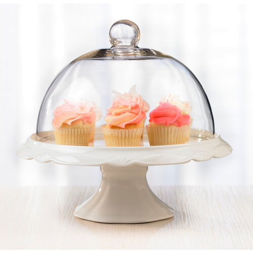Pied et cloche à gâteau en verre et porcelaine