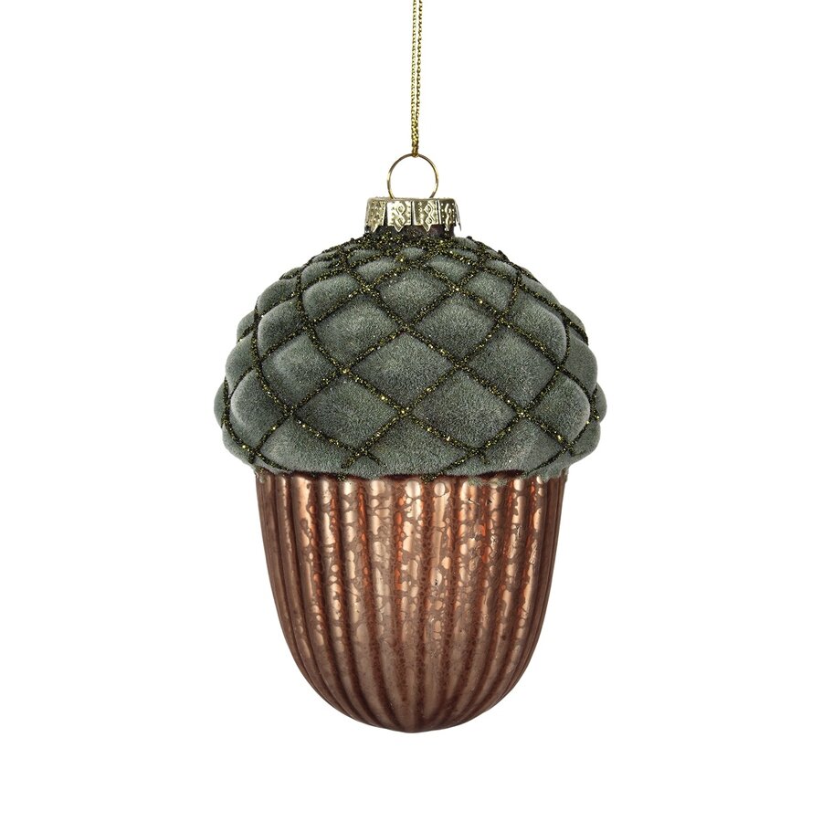 Matte Brown Glass Acorn Ornament with Green Felt - Photo 0