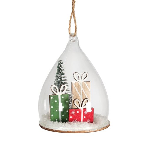 Ornement en verre avec cadeaux en bois et neige artificielle