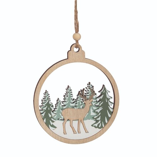 Natural Green Wooden Roe Deer and Forest Ornament