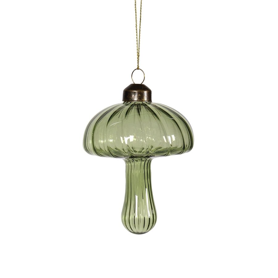 Transparent Green Ribbed Glass Mushroom Ornament - Photo 0