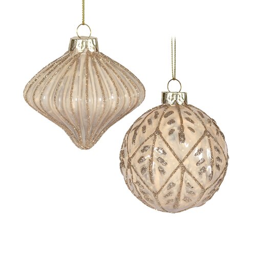 Ivory Glass Ball Ornament with Golden Glitter, assorted