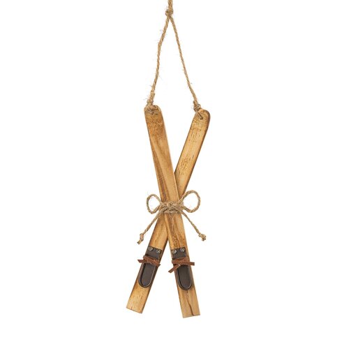 Ornement de skis en bois naturel 7 pouces
