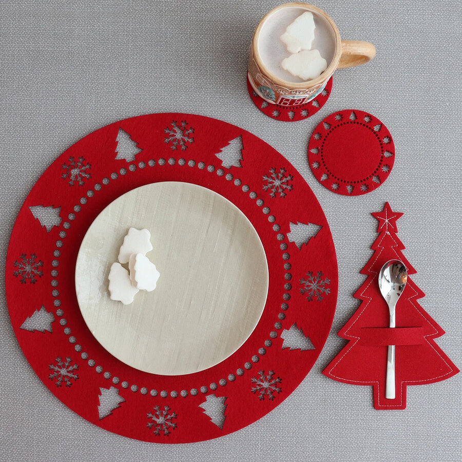Napperon de Noël en feutre rouge, ensemble de 4 - Photo 2