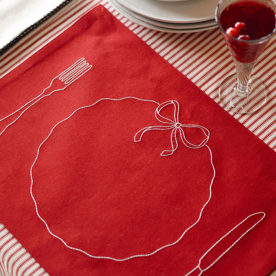 Red Embroidered Bon Appetit Placemat Set of 4 - Photo 2