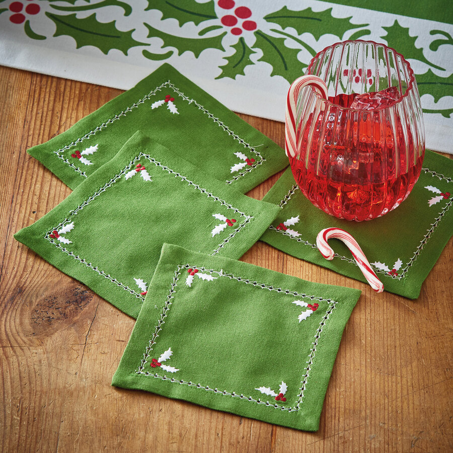 Set of 4 Christmas Green Cotton Coasters - Photo 1