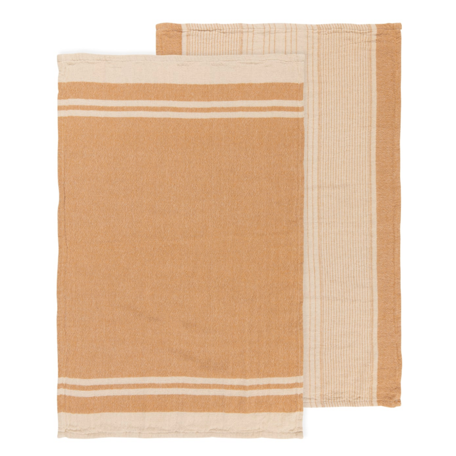 Linges à vaisselle tissé ligné ocre, ensemble de 2 - Photo 1