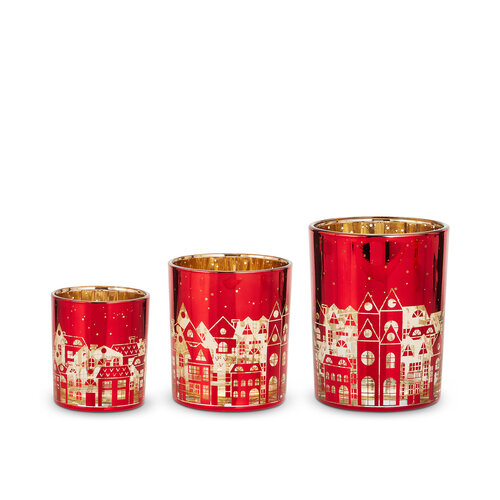Votives en verre rouge Paysage urbain - ensemble de 3