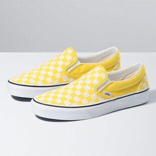 Women's Classic Slip On Vans- Cyber Yellow/White Checkerboard