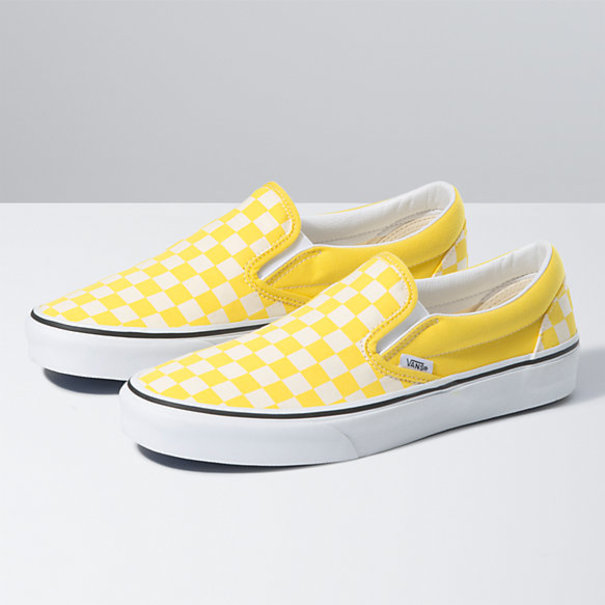 Vans Footwear Women's Classic Slip On Vans- Cyber Yellow/White Checkerboard