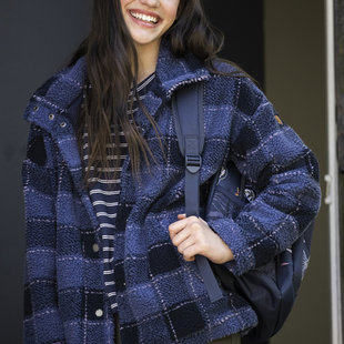 ROXY Set your Sights Sherpa Shacket: Mood Indigo Plaid