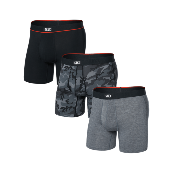 SAXX Underwear Vibe Xtra Soft Comfort Boxer Brief Fly 3-Pack — WoodCamo/GreyHthr/Blk