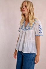 Molly Bracken 'Azalea' S/Slv Peblem w/ Cross Stitch Detail Blouse
